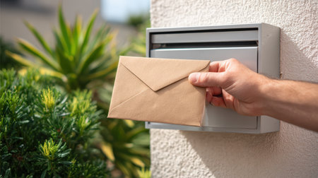 Hand placing a brown envelope into a modern mailbox, surrounded by vibrant greenery, illustrating the process of parcel delivery and communication in a home environmentの素材