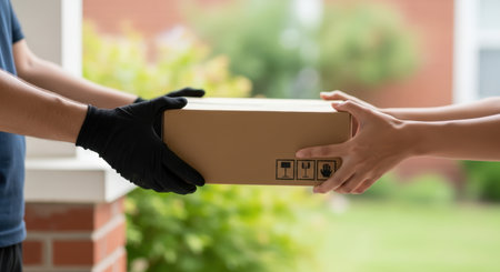 Delivery courier is handing a brown cardboard parcel to a recipient wearing gloves, illustrating the package delivery process in a residential environment filled with greeneryの素材