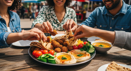 Friends gather around a colorful street food platter featuring falafel, fresh vegetables, and dips, sharing a delightful meal outdoors in a bustling market settingの素材