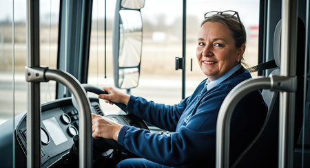 Woman bus driver is confidently navigating public transport vehicle, highlighting her professional attire and the bus's interior features, promoting public transport awarenessの素材