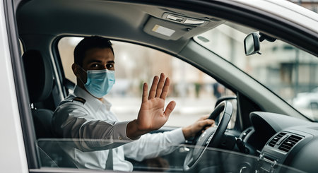 A masked taxi driver is gesturing to passengers from the driver's seat, emphasizing safety and urban transportation in a bustling city atmosphereの素材