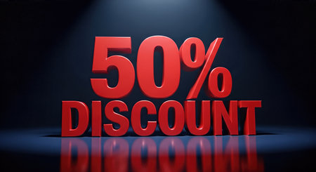 Large red discount sign displaying 50 off, set against a dramatic dark backdrop, creating an inviting atmosphere for holiday shopping and seasonal promotionsの素材