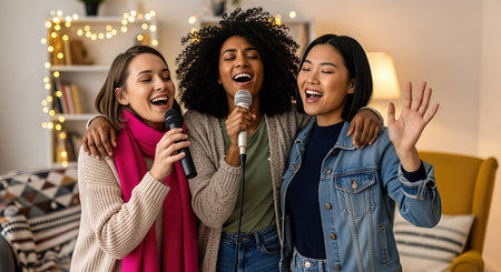 Three young women joyfully sing together with microphones in a cozy living room, filled with warm lights and a festive ambiance, showcasing their friendship and happinessの素材