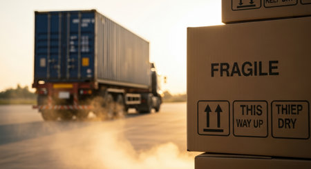 Stacked cardboard boxes marked fragile are positioned prominently, with a shipping truck in the background, illustrating the logistics of cargo transportation and delivery efficiencyの素材