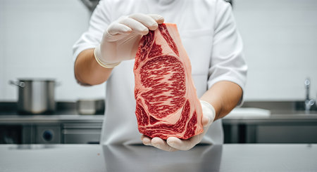 Butcher shop worker displays marbled steak cut in white gloves, highlighting rich textures and colors, surrounded by stainless steel kitchen equipment, emphasizing quality meat preparationの素材