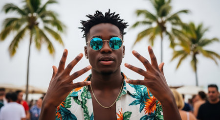 Young African American man in sunglasses and floral shirt, poses with hands raised, surrounded by palm trees and beachgoers, embodying a vibrant summer vibeの素材