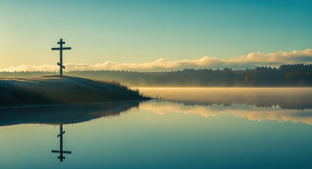 Wooden cross stands by a calm lake at dawn, reflecting the serene atmosphere of spirituality and faith, surrounded by misty landscapes and soft lightの素材