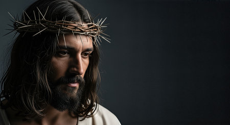 Man with long hair and a crown of thorns, embodies spirituality and contemplation, representing themes of faith and sacrifice in a tranquil settingの素材