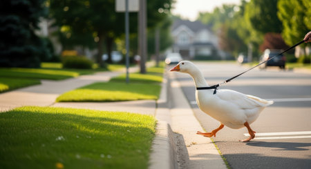 Pets. A white goose is being walked on a leash along a suburban sidewalk, with vibrant green grass and trees creating a serene outdoor atmosphereの素材