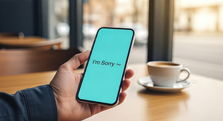 Hand holding smartphone shows an apology message in a cozy cafe, with a cup of coffee on a wooden table, illustrating themes of forgiveness and connectionの素材