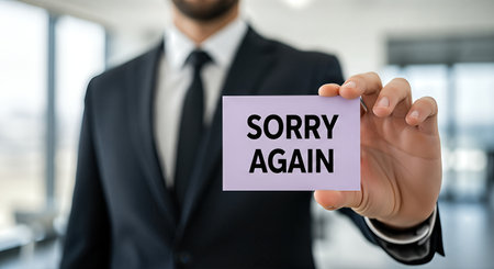 Businessman in formal suit presents apology note in modern office, highlighting themes of regret and reconciliation, showing the significance of forgiveness in workplace dynamicsの素材