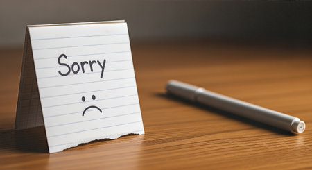 Handwritten apology note expressing regret is placed on a wooden table next to a silver pen, symbolizing the importance of forgiveness and resolution in relationshipsの素材