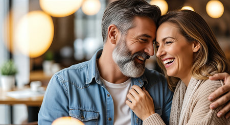 Couple enjoying a joyful moment in a cozy cafe, smiling and embracing each other, surrounded by warm lighting and a relaxed atmosphere, showcasing love and connectionの素材