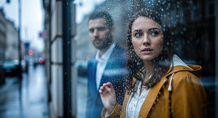 Woman in yellow raincoat looks through a rain-soaked window, while a man stands behind her, capturing a moment of emotional tension and unresolved feelings in a city atmosphereの素材