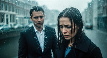 Couple in the rain, showcasing deep emotions of regret and sorrow, with a blurred cityscape behind them, illustrating the struggle for forgiveness and understandingの素材