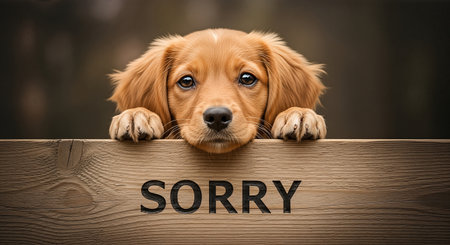 Golden retriever puppy with expressive eyes rests on a wooden sign that says "Sorry," creating an emotional scene filled with warmth and charmの素材