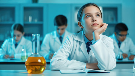 Young girl in a lab coat is contemplating a beaker with orange liquid, surrounded by classmates conducting chemistry experiments in a vibrant classroom atmosphereの素材