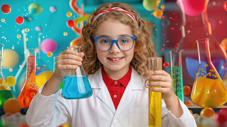 A cheerful girl in a lab coat is holding beakers with blue and yellow liquids, surrounded by colorful chemistry tools, capturing the joy of learning in a classroom environmentの素材