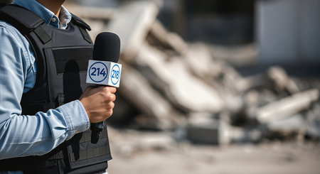 A journalist in a protective vest holds a microphone, reporting on the scene of destruction, with rubble and debris in the background, emphasizing the importance of news coverageの素材