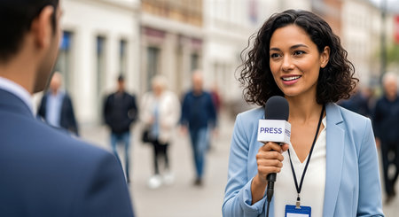 Journalist is interviewing a subject outdoors, microphone in hand, with a lively crowd in the background, showing the dynamic nature of news reportingの素材