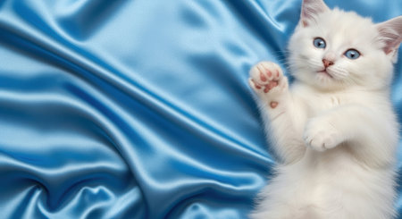 Pets. Fluffy white kitten with bright blue eyes is playfully lying on smooth satin fabric, highlighting its cute expressions and soft fur in a serene settingの素材