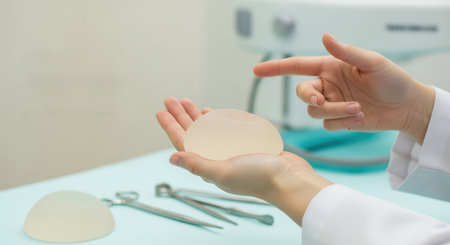 Medical expert showcases breast augmentation implants in a clinical environment, highlighting silicone texture and surgical instruments, emphasizing educational aspects of cosmetic proceduresの素材