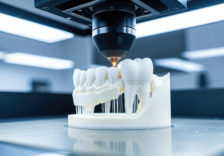 3D printer is producing a realistic dental model, featuring intricate teeth and gum details, emphasizing the technology's role in modern dentistry and healthcare solutionsの素材