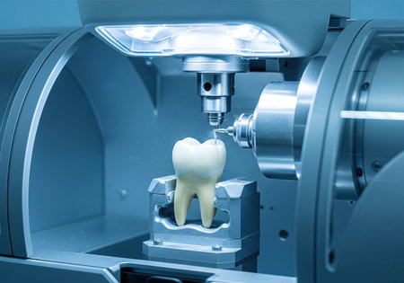 3D printer is fabricating a dental crown from raw material, highlighting intricate details and innovative technology in a contemporary dental lab settingの素材