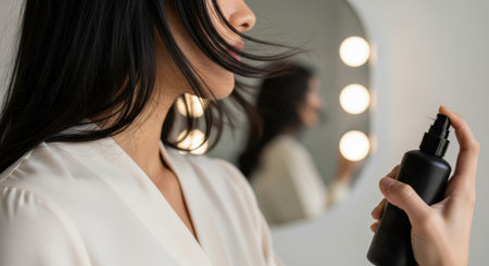 Asian woman is using hair care product from a black spray bottle, highlighting her beautiful hair texture in a softly lit mirror environmentの素材