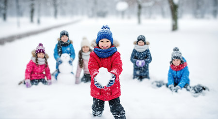 Joyful child in red coat prepares to throw snowball, while friends build snowman in snowy park, capturing the essence of winter fun and friendshipの素材