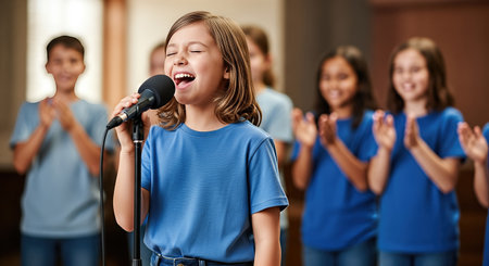 A young girl passionately sings into a microphone, surrounded by friends who are clapping and enjoying the moment, showing the joy of children's leisure activitiesの素材