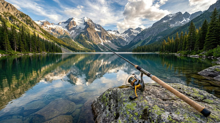 Tranquil lake scene with stunning mountain backdrop, fishing rod placed on a rock, inviting outdoor enthusiasts to enjoy nature and leisure activitiesの素材