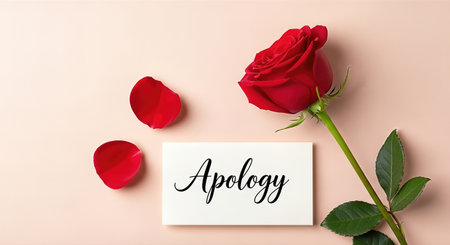 A red rose with scattered petals next to a card that reads apology, representing themes of forgiveness and emotional connection in a gentle, inviting settingの素材