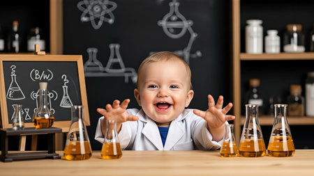 Child in a lab enthusiastically explores chemistry experiments with colorful liquids in glassware, set in a vibrant classroom filled with educational tools and a chalkboardの素材