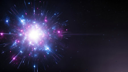 A vibrant cosmic explosion of colors and light radiates from a central point, creating a stunning visual spectacle in the vastness of space, showing the beauty of the universeの素材