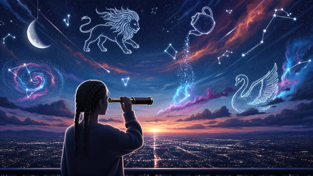 Girl with braids holds telescope toward sky above city lights, constellations forming playful shapes, constellations guiding exploration mood, constellations useful for astrology, science and travel projects.の素材