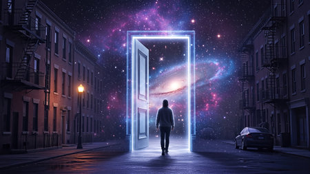 A figure stands in an urban street, facing a luminous door that opens to a vibrant galaxy, merging reality with fantasy in a captivating scene of wonderの素材