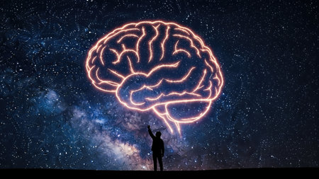 A figure stands against a cosmic backdrop, extending a hand towards a luminous brain illustration, representing the connection between imagination and the universe's mysteriesの素材