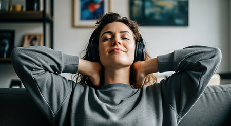 Female enjoying music while wearing headphones, sitting comfortably on a couch in a cozy living room, surrounded by art and creating a serene ambianceの素材