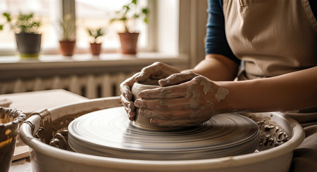Woman potter skillfully molds clay on a spinning wheel in a bright studio filled with greenery and pottery tools, demonstrating artistic creation and dedicationの素材