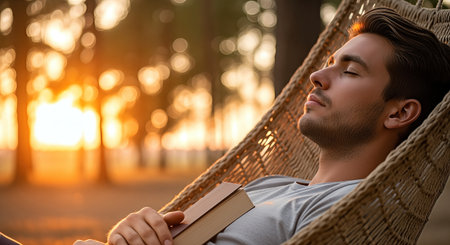 Male reader is resting in a hammock at sunset, holding a book, with trees in the background, creating a serene atmosphere for relaxation and enjoymentの素材