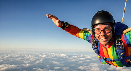 Colorful skydiver is joyfully free-falling above clouds, capturing the essence of adventure and excitement in extreme sports, with a bright blue sky backdropの素材