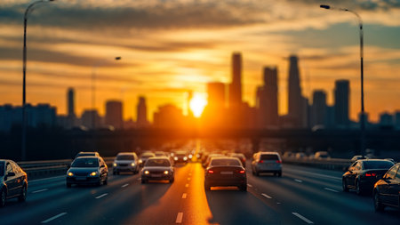 Traffic jam on highway at sunset, showcasing vehicles in motion against a vibrant skyline, illustrating the hustle of urban life and the challenges of commutingの素材