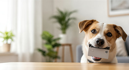 Cheerful dog holds card in mouth while sitting at wooden table in bright living room, with plants and soft furnishings creating a warm ambianceの素材