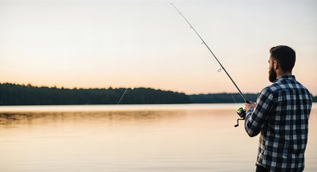 Male angler in checkered shirt stands by serene lake, casting fishing rod into calm waters during sunset, embracing the tranquility of nature and leisure timeの素材
