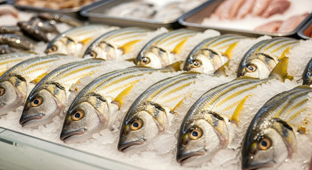 Fresh fish arranged on ice in a fish shop, highlighting different species with shiny scales and a clean display, creating an appealing atmosphere for seafood loversの素材