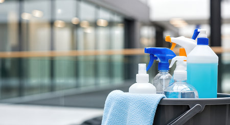 Household cleaning supplies displayed in a gray cart, featuring colorful bottles and a blue towel, ideal for home cleaning and maintenance tasks with copy spaceの素材