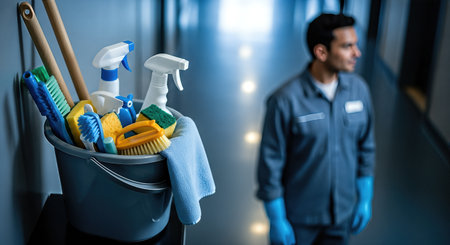 Male worker in gray uniform stands next to a bucket of cleaning tools, including sprays and brushes, ready for household cleaning tasks in a bright corridorの素材