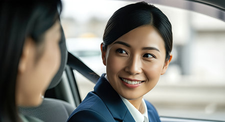 Asian female taxi driver smiles while interacting with passenger in car, creating a warm and inviting environment during urban travel experienceの素材