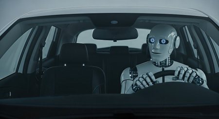 Robot taxi driver with illuminated eyes is positioned in a sleek vehicle, highlighting the intersection of technology and transportation, creating a unique atmosphereの素材
